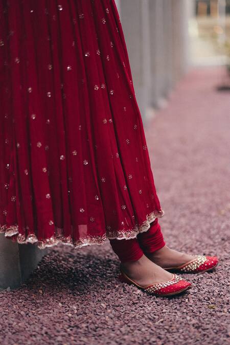 Label Nimbus_Red Chiffon, Lycra, Organza Embroidery, Sequins, Gota Patti Hand Anarkali Set _at_Aza_Fashions