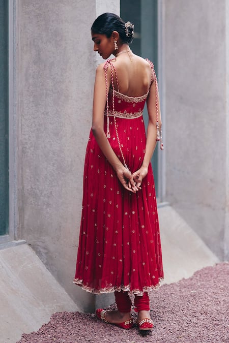 Label Nimbus Red Hand Embroidered Anarkali Set 