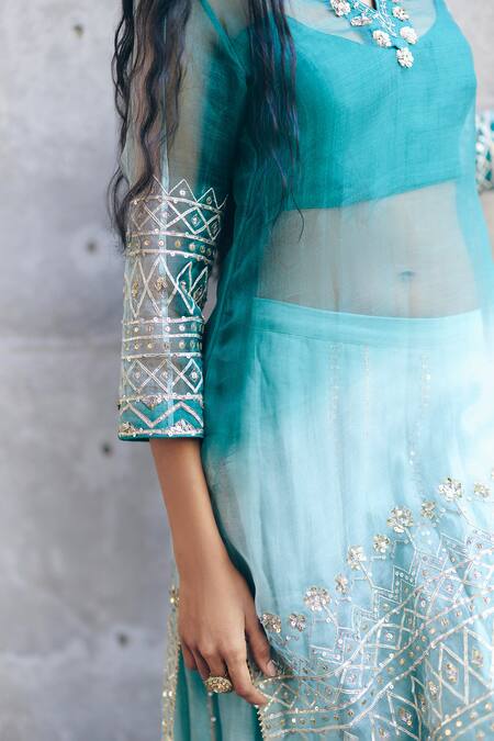 Buy_Label Nimbus_Green Organza, Cotton, Chanderi Embroidery, Gota Patti Sea Hand Kurta Set _Online_at_Aza_Fashions