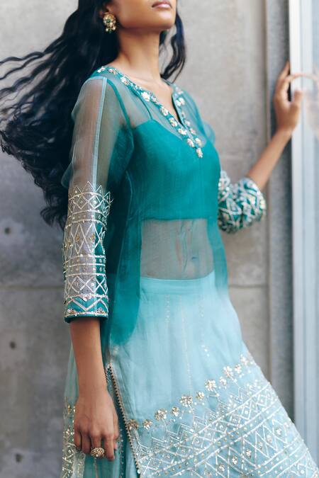 Shop_Label Nimbus_Green Organza, Cotton, Chanderi Embroidery, Gota Patti Sea Hand Kurta Set _Online_at_Aza_Fashions
