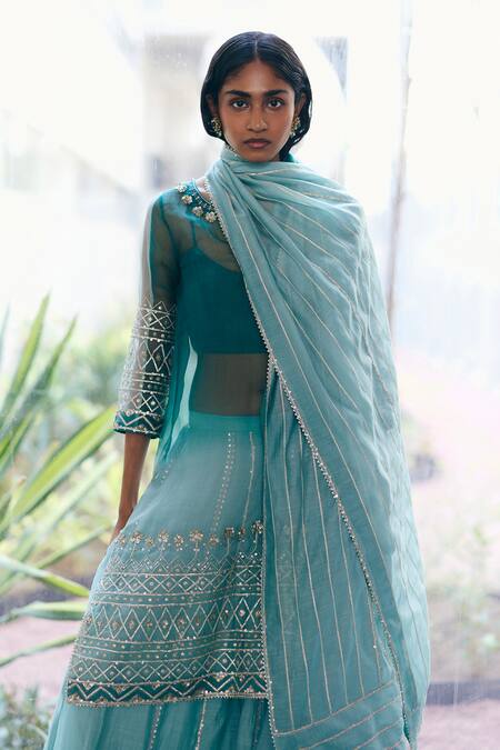 Label Nimbus_Green Organza, Cotton, Chanderi Embroidery, Gota Patti Sea Hand Kurta Set _at_Aza_Fashions