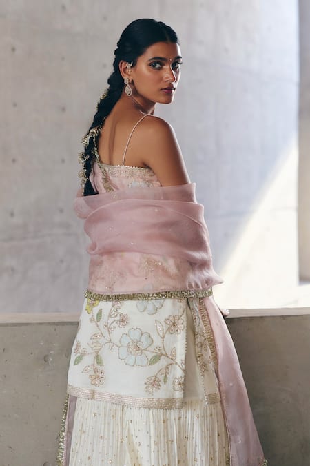 Label Nimbus_Ivory Chanderi, Organza Beads Open Neck And Blush Pink Embroidered Kurta Set _Online_at_Aza_Fashions