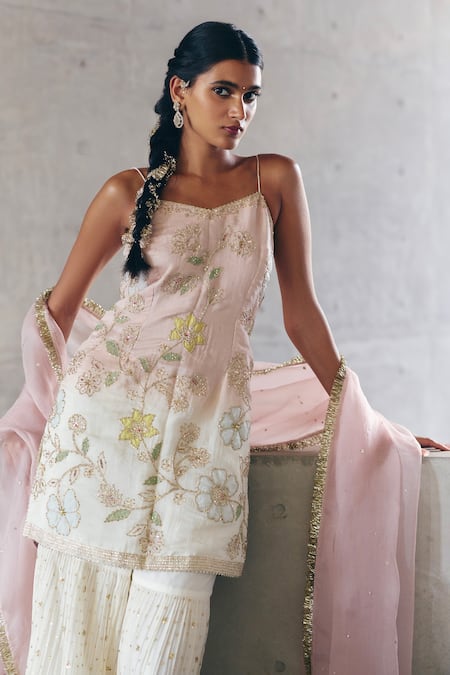Buy_Label Nimbus_Ivory Chanderi, Organza Beads Open Neck And Blush Pink Embroidered Kurta Set _Online_at_Aza_Fashions