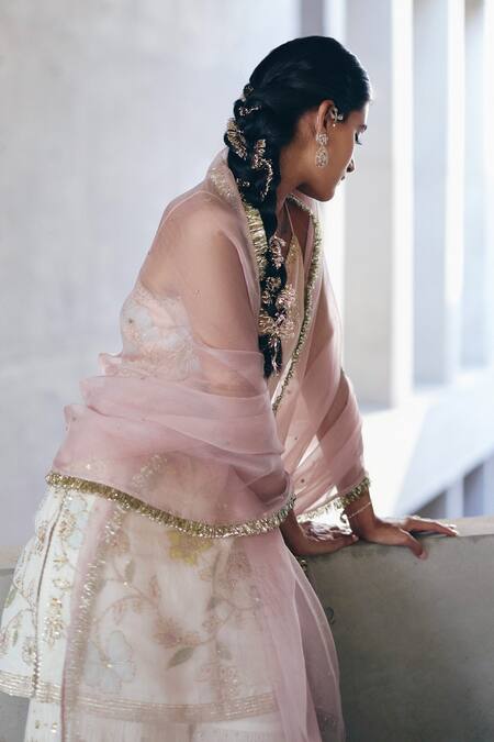 Shop_Label Nimbus_Ivory Chanderi, Organza Beads Open Neck And Blush Pink Embroidered Kurta Set _Online_at_Aza_Fashions