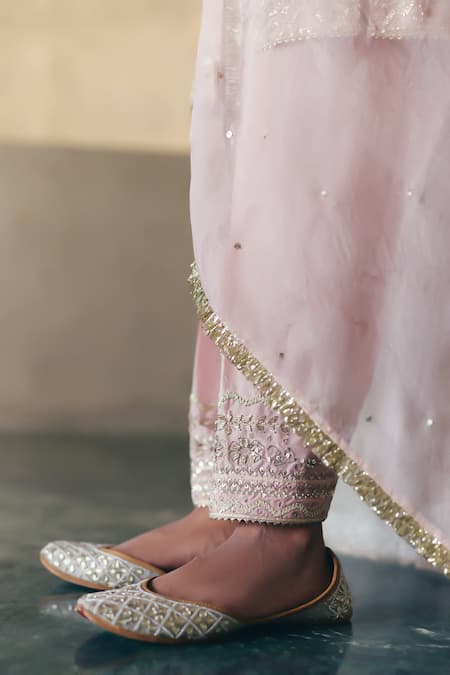 Label Nimbus_Pink Tissue, Silk, Organza Beads, Gota Patti, Embroidery V-neck Hand Kurta Set _Online_at_Aza_Fashions