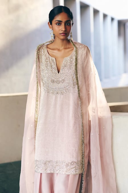 Shop_Label Nimbus_Pink Tissue, Silk, Organza Beads, Gota Patti, Embroidery V-neck Hand Kurta Set _Online_at_Aza_Fashions
