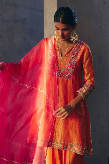 Label Nimbus_Orange Tissue, Silk, Organza Embroidery, Gota Patti V-neck Stripe Kurta Set _Online_at_Aza_Fashions
