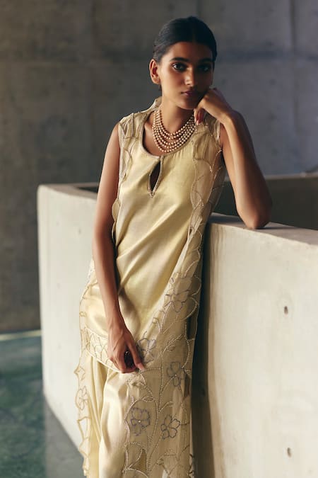 Shop_Label Nimbus_Gold Tissue Beads, Embroidery, Zari Keyhole , Round Kurta Set _Online_at_Aza_Fashions