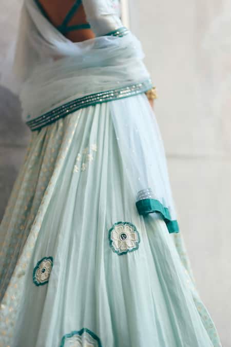 Label Nimbus_Green Silk, Chanderi, Net Beads, Embroidery Square Neck Sea Hand Lehenga Set _Online_at_Aza_Fashions