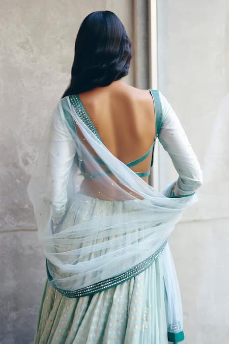 Buy_Label Nimbus_Green Silk, Chanderi, Net Beads, Embroidery Square Neck Sea Hand Lehenga Set _Online_at_Aza_Fashions