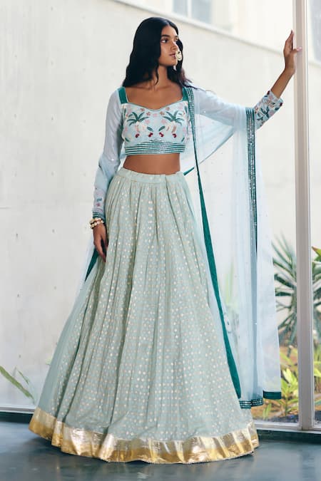 Shop_Label Nimbus_Green Silk, Chanderi, Net Beads, Embroidery Square Neck Sea Hand Lehenga Set _Online_at_Aza_Fashions