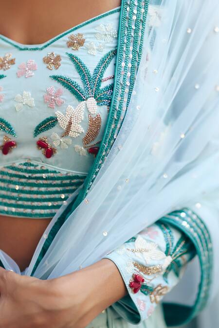 Label Nimbus_Green Silk, Chanderi, Net Beads, Embroidery Square Neck Sea Hand Lehenga Set _at_Aza_Fashions