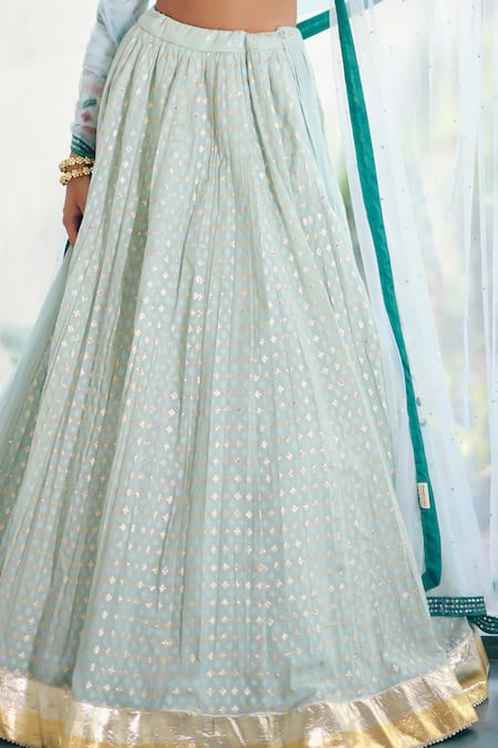 Buy_Label Nimbus_Green Silk, Chanderi, Net Beads, Embroidery Square Neck Sea Hand Lehenga Set 