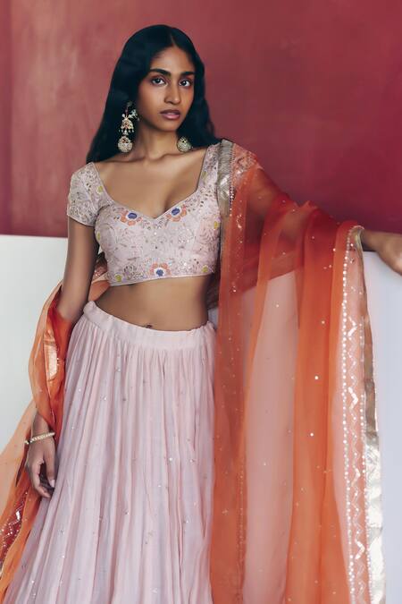 Label Nimbus_Blush Silk, Chanderi, Organza Embroidery, Gota Patti Pink Hand Lehenga Set _Online_at_Aza_Fashions