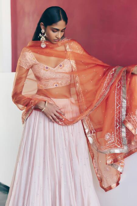 Shop_Label Nimbus_Blush Silk, Chanderi, Organza Embroidery, Gota Patti Pink Hand Lehenga Set _Online_at_Aza_Fashions