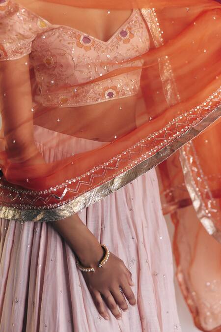Label Nimbus_Blush Silk, Chanderi, Organza Embroidery, Gota Patti Pink Hand Lehenga Set _at_Aza_Fashions