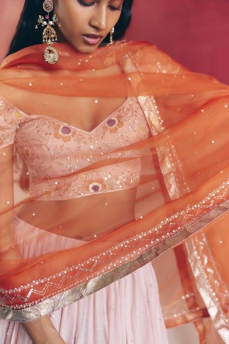 Buy_Label Nimbus_Blush Silk, Chanderi, Organza Embroidery, Gota Patti Pink Hand Lehenga Set 