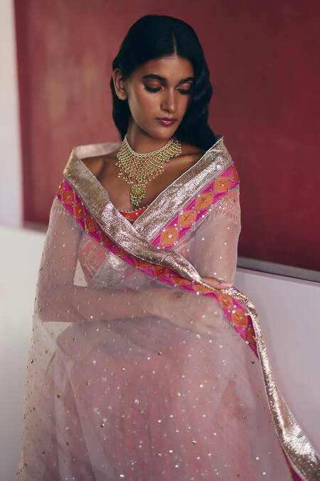 Label Nimbus_Orange Silk, Chanderi, Organza Embroidery, Zari, Gota Patti, Hand Lehenga Set _Online_at_Aza_Fashions