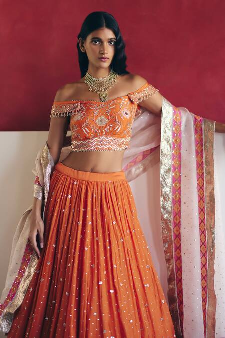 Buy_Label Nimbus_Orange Silk, Chanderi, Organza Embroidery, Zari, Gota Patti, Hand Lehenga Set _Online_at_Aza_Fashions