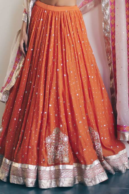 Shop_Label Nimbus_Orange Silk, Chanderi, Organza Embroidery, Zari, Gota Patti, Hand Lehenga Set _Online_at_Aza_Fashions