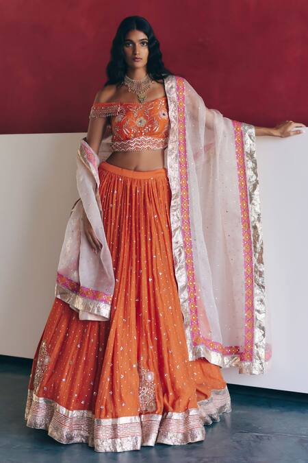 Label Nimbus_Orange Silk, Chanderi, Organza Embroidery, Zari, Gota Patti, Hand Lehenga Set _at_Aza_Fashions