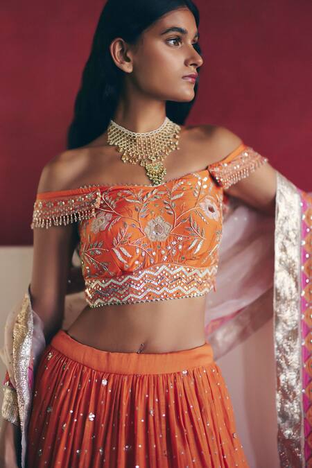 Buy_Label Nimbus_Orange Silk, Chanderi, Organza Embroidery, Zari, Gota Patti, Hand Lehenga Set 
