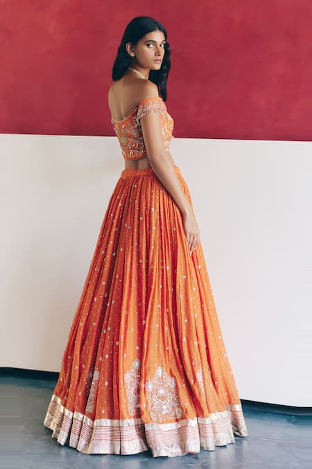 Label Nimbus Orange Hand Embroidered Lehenga Set 