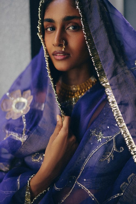 Label Nimbus_Ivory Chanderi, Tissue, Organza Embroidery, Gota Iris Blue Hand Lehenga Set _Online_at_Aza_Fashions