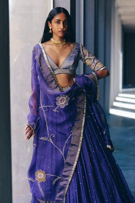 Buy_Label Nimbus_Ivory Chanderi, Tissue, Organza Embroidery, Gota Iris Blue Hand Lehenga Set _Online_at_Aza_Fashions