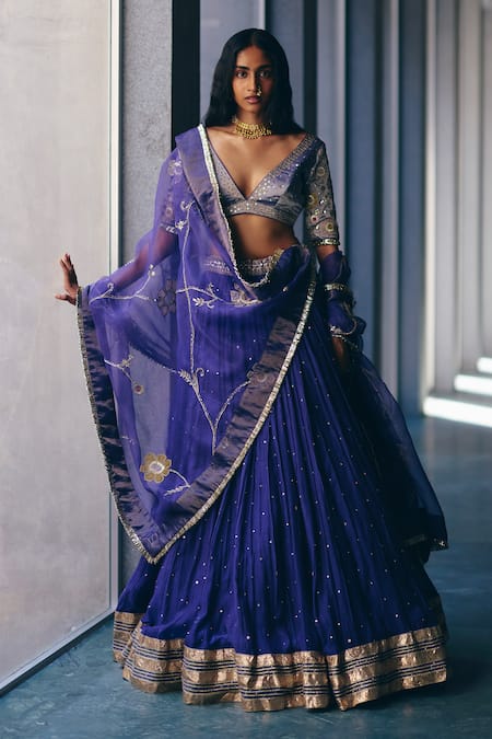 Shop_Label Nimbus_Ivory Chanderi, Tissue, Organza Embroidery, Gota Iris Blue Hand Lehenga Set _Online_at_Aza_Fashions