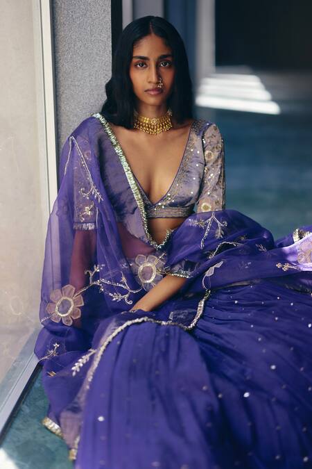 Label Nimbus_Ivory Chanderi, Tissue, Organza Embroidery, Gota Iris Blue Hand Lehenga Set _at_Aza_Fashions