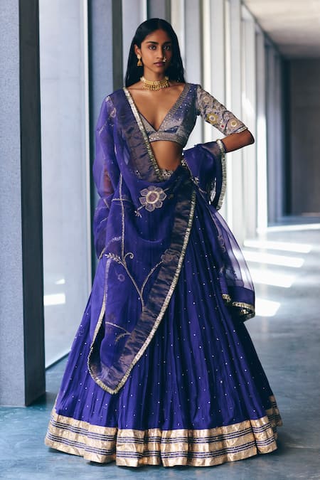 Buy_Label Nimbus_Ivory Chanderi, Tissue, Organza Embroidery, Gota Iris Blue Hand Lehenga Set 