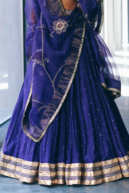 Shop_Label Nimbus_Ivory Chanderi, Tissue, Organza Embroidery, Gota Iris Blue Hand Lehenga Set 