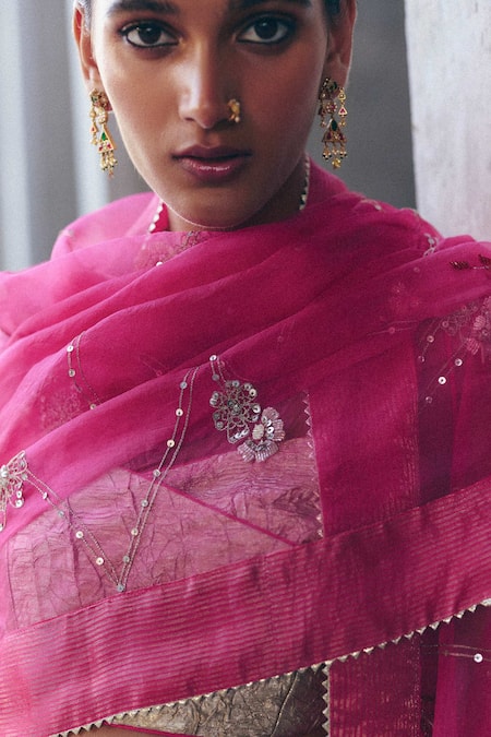 Label Nimbus_Pink Tissue, Organza Embroidery Round Neck Hand Lehenga Set _Online_at_Aza_Fashions
