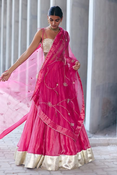 Buy_Label Nimbus_Pink Tissue, Organza Embroidery Round Neck Hand Lehenga Set _Online_at_Aza_Fashions