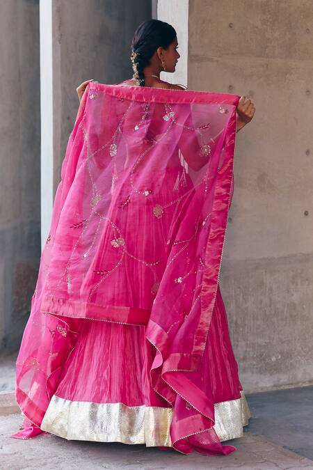 Shop_Label Nimbus_Pink Tissue, Organza Embroidery Round Neck Hand Lehenga Set _at_Aza_Fashions