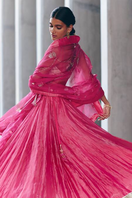 Shop_Label Nimbus_Pink Tissue, Organza Embroidery Round Neck Hand Lehenga Set _Online_at_Aza_Fashions