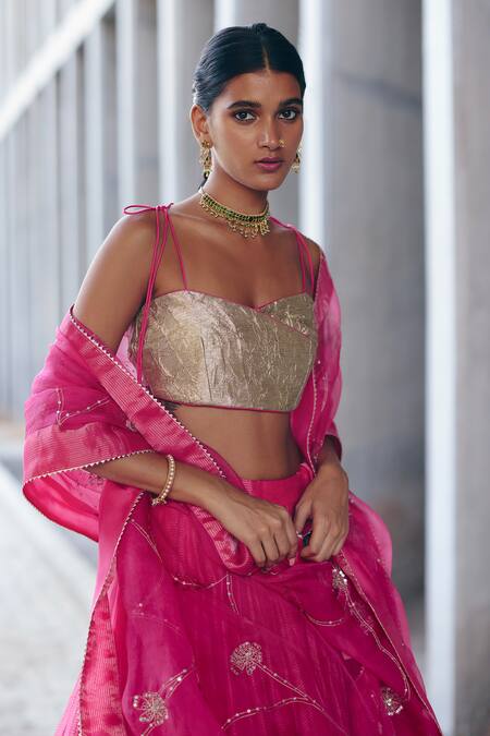 Label Nimbus_Pink Tissue, Organza Embroidery Round Neck Hand Lehenga Set _at_Aza_Fashions
