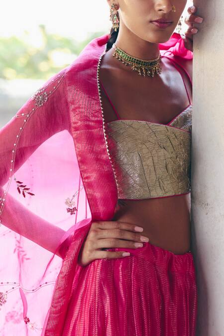 Buy_Label Nimbus_Pink Tissue, Organza Embroidery Round Neck Hand Lehenga Set 