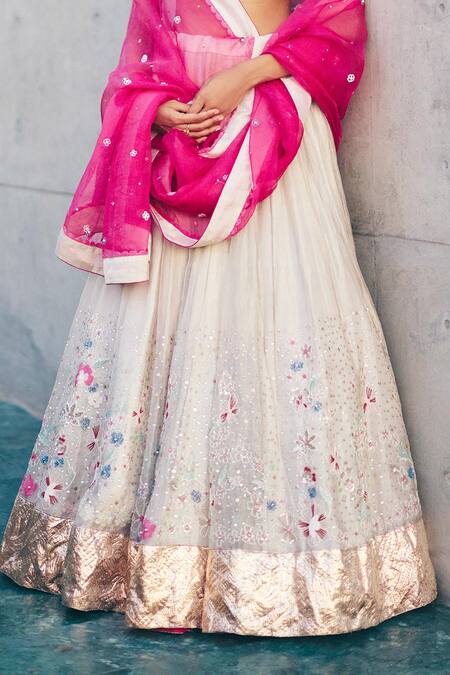 Label Nimbus_Pink Silk, Tissue, Organza Beads, Sequins Square Rani And Silver Lehenga Set _Online_at_Aza_Fashions