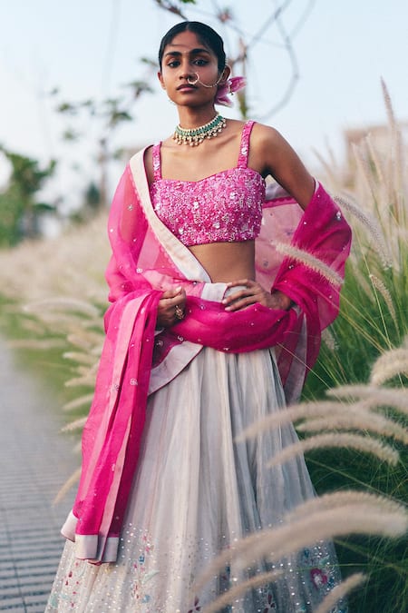 Shop_Label Nimbus_Pink Silk, Tissue, Organza Beads, Sequins Square Rani And Silver Lehenga Set _Online_at_Aza_Fashions