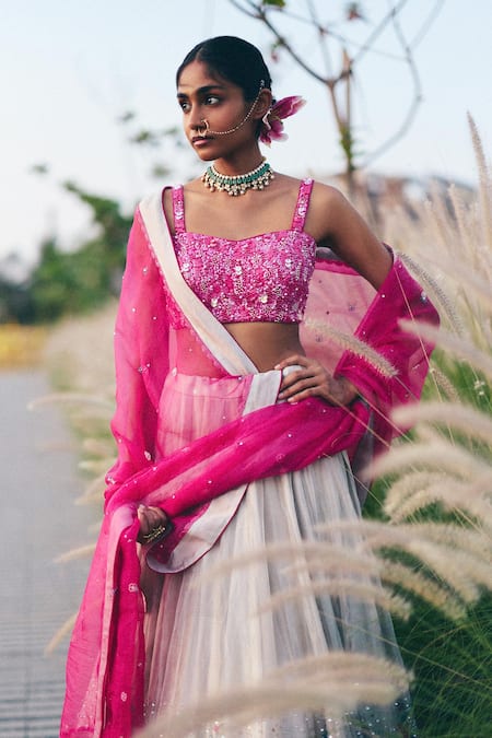 Label Nimbus_Pink Silk, Tissue, Organza Beads, Sequins Square Rani And Silver Lehenga Set _at_Aza_Fashions