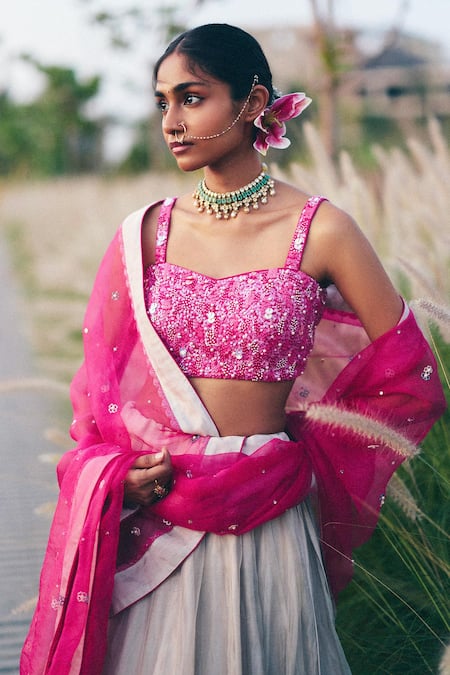 Buy_Label Nimbus_Pink Silk, Tissue, Organza Beads, Sequins Square Rani And Silver Lehenga Set 