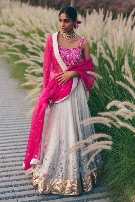 Shop_Label Nimbus_Pink Silk, Tissue, Organza Beads, Sequins Square Rani And Silver Lehenga Set 