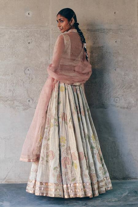 Shop_Label Nimbus_Silver Tissue, Organza Beads, Zari V-neck Hand Embroidered Lehenga Set _at_Aza_Fashions