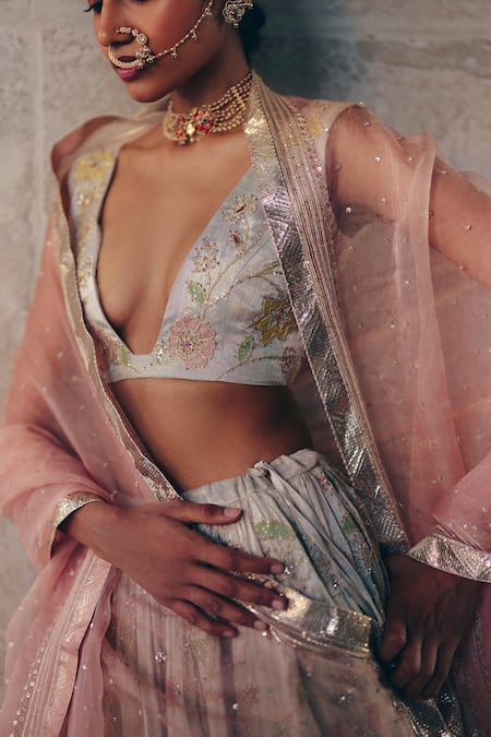 Buy_Label Nimbus_Silver Tissue, Organza Beads, Zari V-neck Hand Embroidered Lehenga Set _Online_at_Aza_Fashions