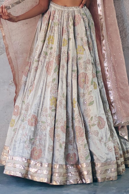 Shop_Label Nimbus_Silver Tissue, Organza Beads, Zari V-neck Hand Embroidered Lehenga Set _Online_at_Aza_Fashions
