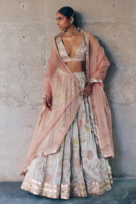 Label Nimbus_Silver Tissue, Organza Beads, Zari V-neck Hand Embroidered Lehenga Set _at_Aza_Fashions