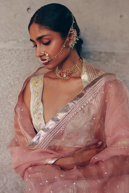 Buy_Label Nimbus_Silver Tissue, Organza Beads, Zari V-neck Hand Embroidered Lehenga Set 