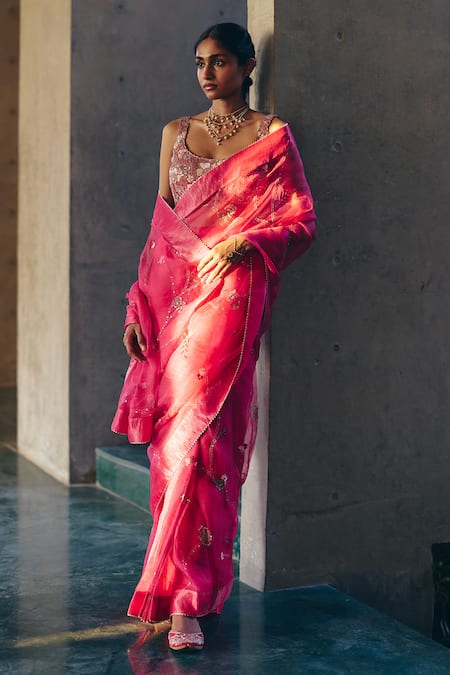 Label Nimbus_Pink Organza, Silk Embroidery, Beads, Zari Round Neck Rani Hand Saree Set _Online_at_Aza_Fashions